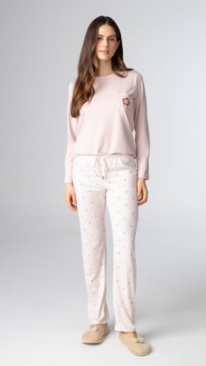 Pijama Feminino Longo Em Malha Pv Rosa Com Detalhe Floral
