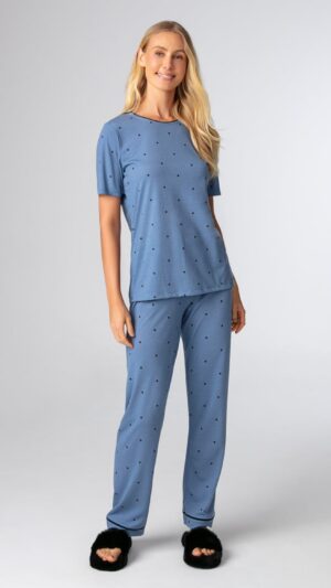 Pijama Feminino Viscolycra Manga Curta E Calça Longa Azul Poá