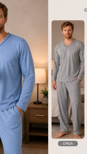 Pijama masculino manga longa, tecido leve — para vestir bem de dia ou dormir bem à noite