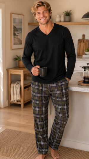 Pijama masculino em suede, manga longa e calça xadrez — toque super macio